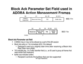 Block Ack Parameter Set Field used in
      ADDBA Action Management Frames
                                                                         802.11n




                                                                   802.11e



E&             )         ( &
       ! ' B                 &      -                   "!
       " 7 ! 7                        ! <
          • Delayed is sent at a slightly later time after receiving a Block Ack
            Req (See next slide)
       )6                  )     6            (       6        ,
                  = '          +
       "      2          &
          • Recipient controls the buffers that can be supported
                                  AirTight Networks
 