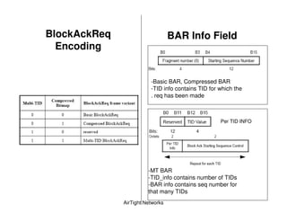 BlockAckReq                       BAR Info Field
  Encoding


                         -Basic BAR, Compressed BAR
                         -TID info contains TID for which the
                         . req has been made



                                                    Per TID INFO




                        -MT BAR
                        -TID_info contains number of TIDs
                        -BAR info contains seq number for
                        that many TIDs
              AirTight Networks
 