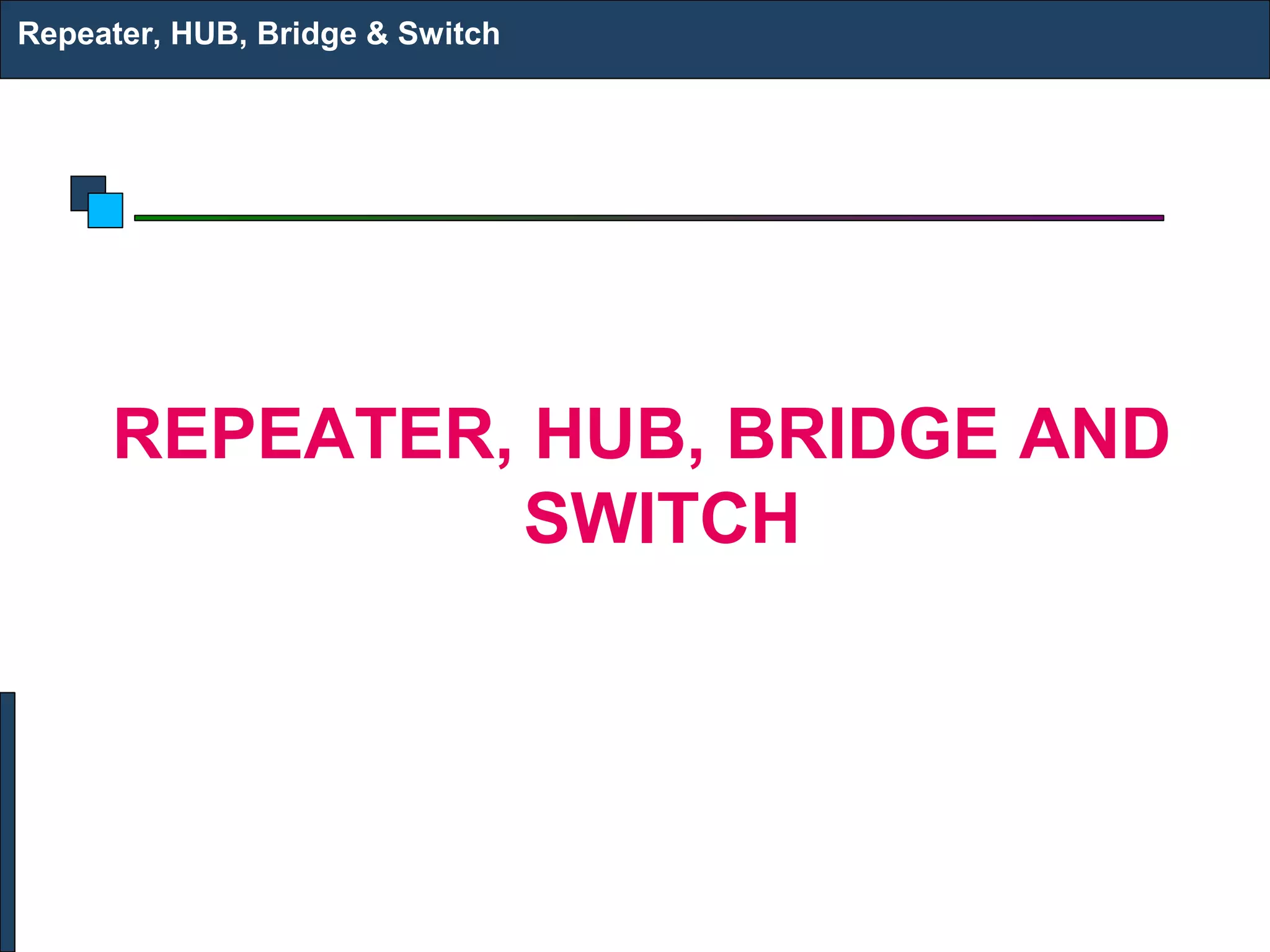 Repeater, HUB, Bridge & Switch




     REPEATER, HUB, BRIDGE AND
              SWITCH
 