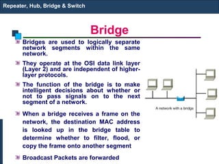 Repeater, Hub, Bridge & Switch



                                 Bridge
       Bridges are used to logically separate
       network segments within the same
       network.
       They operate at the OSI data link layer
       (Layer 2) and are independent of higher-
       layer protocols.
       The function of the bridge is to make
       intelligent decisions about whether or
       not to pass signals on to the next
       segment of a network.
       When a bridge receives a frame on the
       network, the destination MAC address
       is looked up in the bridge table to
       determine whether to filter, flood, or
       copy the frame onto another segment
       Broadcast Packets are forwarded
 