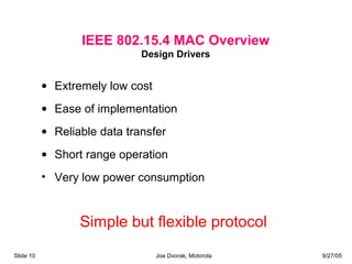 • Extremely low cost
• Ease of implementation
• Reliable data transfer
• Short range operation
• Very low power consumption
Simple but flexible protocol
IEEE 802.15.4 MAC Overview
Design Drivers
Slide 10 Joe Dvorak, Motorola 9/27/05
 