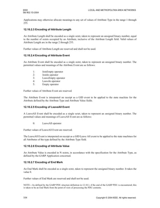 IEEE LOCAL AND METROPOLITAN AREA NETWORKS
Std 802.1D-2004
104 Copyright © 2004 IEEE. All rights reserved.
Applications may otherwise allocate meanings to any set of values of Attribute Type in the range 1 through
255.
12.10.2.3 Encoding of Attribute Length
An Attribute Length shall be encoded as a single octet, taken to represent an unsigned binary number, equal
to the number of octets occupied by an Attribute, inclusive of the Attribute Length field. Valid values of
Attribute Length are in the range 2 through 255.
Further values of Attribute Length are reserved and shall not be used.
12.10.2.4 Encoding of Attribute Event
An Attribute Event shall be encoded as a single octet, taken to represent an unsigned binary number. The
permitted values and meanings of the Attribute Event are as follows:
1: JoinEmpty operator
2: JoinIn operator
3: LeaveEmpty operator
4: LeaveIn operator
5: Empty operator
Further values of Attribute Event are reserved.
The Attribute Event is interpreted on receipt as a GID event to be applied to the state machine for the
Attribute defined by the Attribute Type and Attribute Value fields.
12.10.2.5 Encoding of LeaveAll Event
A LeaveAll Event shall be encoded as a single octet, taken to represent an unsigned binary number. The
permitted values and meanings of LeaveAll Event are as follows:
0: LeaveAll operator
Further values of LeaveAll Event are reserved.
The LeaveAll Event is interpreted on receipt as a GID Leave All event to be applied to the state machines for
all Attributes of the type defined by the Attribute Type field.
12.10.2.6 Encoding of Attribute Value
An Attribute Value is encoded in N octets, in accordance with the specification for the Attribute Type, as
defined by the GARP Application concerned.
12.10.2.7 Encoding of End Mark
An End Mark shall be encoded as a single octet, taken to represent the unsigned binary number. It takes the
value 0.
Further values of End Mark are reserved and shall not be used.
NOTE—As defined by the GARP PDU structure definition in 12.10.1, if the end of the GARP PDU is encountered, this
is taken to be an End Mark from the point of view of processing the PDU contents.
 