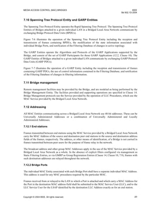 MEDIA ACCESS CONTROL (MAC) BRIDGES IEEE
Std 802.1D-2004
Copyright © 2004 IEEE. All rights reserved. 49
7.10 Spanning Tree Protocol Entity and GARP Entities
The Spanning Tree Protocol Entity operates the Rapid Spanning Tree Protocol. The Spanning Tree Protocol
Entities of Bridges attached to a given individual LAN in a Bridged Local Area Network communicate by
exchanging Bridge Protocol Data Units (BPDUs).
Figure 7-6 illustrates the operation of the Spanning Tree Protocol Entity including the reception and
transmission of frames containing BPDUs, the modification of the state information associated with
individual Bridge Ports, and notification of the Filtering Database of changes in active topology.
The GARP Entities operate the Algorithms and Protocols of the GARP Applications supported by the
Bridge, and consist of the set of GARP Participants for those GARP Applications (12.2, Clause 10). The
GARP Entities of Bridges attached to a given individual LAN communicate by exchanging GARP Protocol
Data Units (GARP PDUs).
Figure 7-7 illustrates the operation of a GARP Entity including the reception and transmission of frames
containing GARP PDUs, the use of control information contained in the Filtering Database, and notification
of the Filtering Database of changes in filtering information.
7.11 Bridge management
Remote management facilities may be provided by the Bridge, and are modeled as being performed by the
Bridge Management Entity. The facilities provided and supporting operations are specified in Clause 14.
Bridge Management protocols use the Service provided by the operation of LLC Procedures, which use the
MAC Service provided by the Bridged Local Area Network.
7.12 Addressing
All MAC Entities communicating across a Bridged Local Area Network use 48-bit addresses. These can be
Universally Administered Addresses or a combination of Universally Administered and Locally
Administered Addresses.
7.12.1 End stations
Frames transmitted between end stations using the MAC Service provided by a Bridged Local Area Network
carry the MAC Address of the source and destination peer end stations in the source and destination address
fields of the frames, respectively. The address, or other means of identification, of a Bridge is not carried in
frames transmitted between peer users for the purpose of frame relay in the network.
The broadcast address and other group MAC Addresses apply to the use of the MAC Service provided by a
Bridged Local Area Network as a whole. In the absence of explicit filters configured via management as
Static Filtering Entries, or via GMRP as Group Registration Entries (Clause 14, Clause 10, 7.9), frames with
such destination addresses are relayed throughout the network.
7.12.2 Bridge Ports
The individual MAC Entity associated with each Bridge Port shall have a separate individual MAC Address.
This address is used for any MAC procedures required by the particular MAC.
Frames received from or relayed to the LAN to which a Port is attached and which carry a MAC Address for
the Port in the destination MAC address field shall be submitted to the MAC Service User (LLC), and to the
LLC Service User for the LSAP identified by the destination LLC Address exactly as for an end station.
 