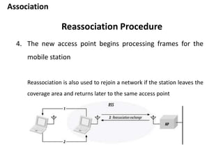 Association
Reassociation Procedure
4. The new access point begins processing frames for the
mobile station
Reassociation is also used to rejoin a network if the station leaves the
coverage area and returns later to the same access point
 