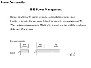 Power Conservation
IBSS Power Management
• Stations to which ATIM frames are addressed must also avoid sleeping
• A station is permitted to sleep only if it neither transmits nor receives an ATIM.
• When a station stays up due to ATIM traffic, it remains active until the conclusion
of the next ATIM window
 