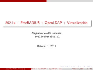 802.1x + FreeRADIUS + OpenLDAP + Virtualizaci´n
                                             o

                              Alejandro Vald´s Jimenez
                                            e
                                 avaldes@utalca.cl


                                     October 1, 2011




Alejandro Vald´s Jimenez ()
              e               802.1x + FreeRADIUS + OpenLDAP + Virtualizaci´n
                                                                           o    October 1, 2011   1 / 23
 
