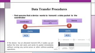 Data Transfer Procedures
• first assume that a device wants to transmit a data packet to the
coordinator
If the device has an allocated transmit GTS, it wakes up just
before the time slot starts and sends its packet immediately
without running any carrier-sense or other collision-avoiding
operations.
Allocated transmit
GTS
coordinator
Device
 