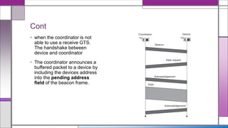 Cont
• when the coordinator is not
able to use a receive GTS.
The handshake between
device and coordinator
• The coordinator announces a
buffered packet to a device by
including the devices address
into the pending address
field of the beacon frame.
 
