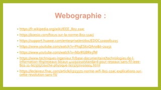 Webographie :
• https://fr.wikipedia.org/wiki/IEEE_802.11ac
• https://koesio.com/focus-sur-la-norme-802-11ac/
• https://support.huawei.com/enterprise/en/doc/EDOC1100081215
• https://www.youtube.com/watch?v=PhqES6sQAno&t=2115s
• https://www.youtube.com/watch?v=NbrRGBRk5fM
• https://www.techniques-ingenieur.fr/base-documentaire/technologies-de-l-
information-th9/reseaux-locaux-42292210/standard-pour-reseaux-sans-fil-ieee-
802-11-te7375/couche-physique-te7375niv10004.html
• https://leclaireur.fnac.com/article/cp23371-norme-wifi-802-11ac-explications-sur-
cette-revolution-sans-fil/
 