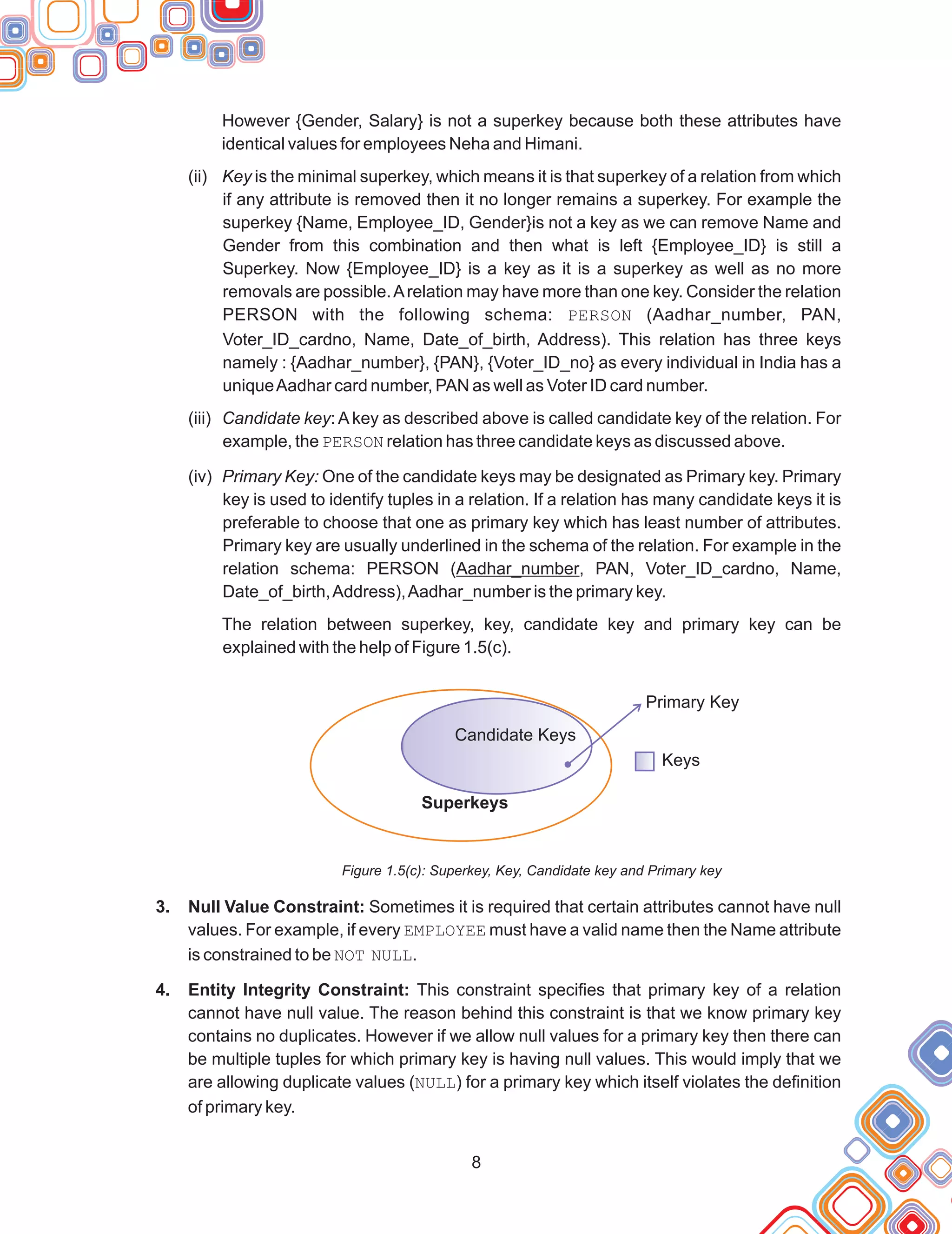 However {Gender, Salary} is not a superkey because both these attributes have
identical values for employees Neha and Himani.
Key is the minimal superkey, which means it is that superkey of a relation from which
if any attribute is removed then it no longer remains a superkey. For example the
superkey {Name, Employee_ID, Gender}is not a key as we can remove Name and
Gender from this combination and then what is left {Employee_ID} is still a
Superkey. Now {Employee_ID} is a key as it is a superkey as well as no more
removals are possible.Arelation may have more than one key. Consider the relation
PERSON with the following schema: PERSON (Aadhar_number, PAN,
Voter_ID_cardno, Name, Date_of_birth, Address). This relation has three keys
namely : {Aadhar_number}, {PAN}, {Voter_ID_no} as every individual in India has a
uniqueAadhar card number, PAN as well as Voter ID card number.
(iii) Candidate key: A key as described above is called candidate key of the relation. For
example, the PERSON relation has three candidate keys as discussed above.
(iv) Primary Key: One of the candidate keys may be designated as Primary key. Primary
key is used to identify tuples in a relation. If a relation has many candidate keys it is
preferable to choose that one as primary key which has least number of attributes.
Primary key are usually underlined in the schema of the relation. For example in the
relation schema: PERSON (Aadhar_number, PAN, Voter_ID_cardno, Name,
Date_of_birth,Address),Aadhar_number is the primary key.
The relation between superkey, key, candidate key and primary key can be
explained with the help of Figure 1.5(c).
Superkey, Key, Candidate key and Primary key
3. Null Value Constraint: Sometimes it is required that certain attributes cannot have null
values. For example, if every EMPLOYEE must have a valid name then the Name attribute
is constrained to be NOT NULL.
4. Entity Integrity Constraint: This constraint specifies that primary key of a relation
cannot have null value. The reason behind this constraint is that we know primary key
contains no duplicates. However if we allow null values for a primary key then there can
be multiple tuples for which primary key is having null values. This would imply that we
are allowing duplicate values (NULL) for a primary key which itself violates the definition
of primary key.
(ii)
Figure 1.5(c):
8
Candidate Keys
Superkeys
Primary Key
Keys
 