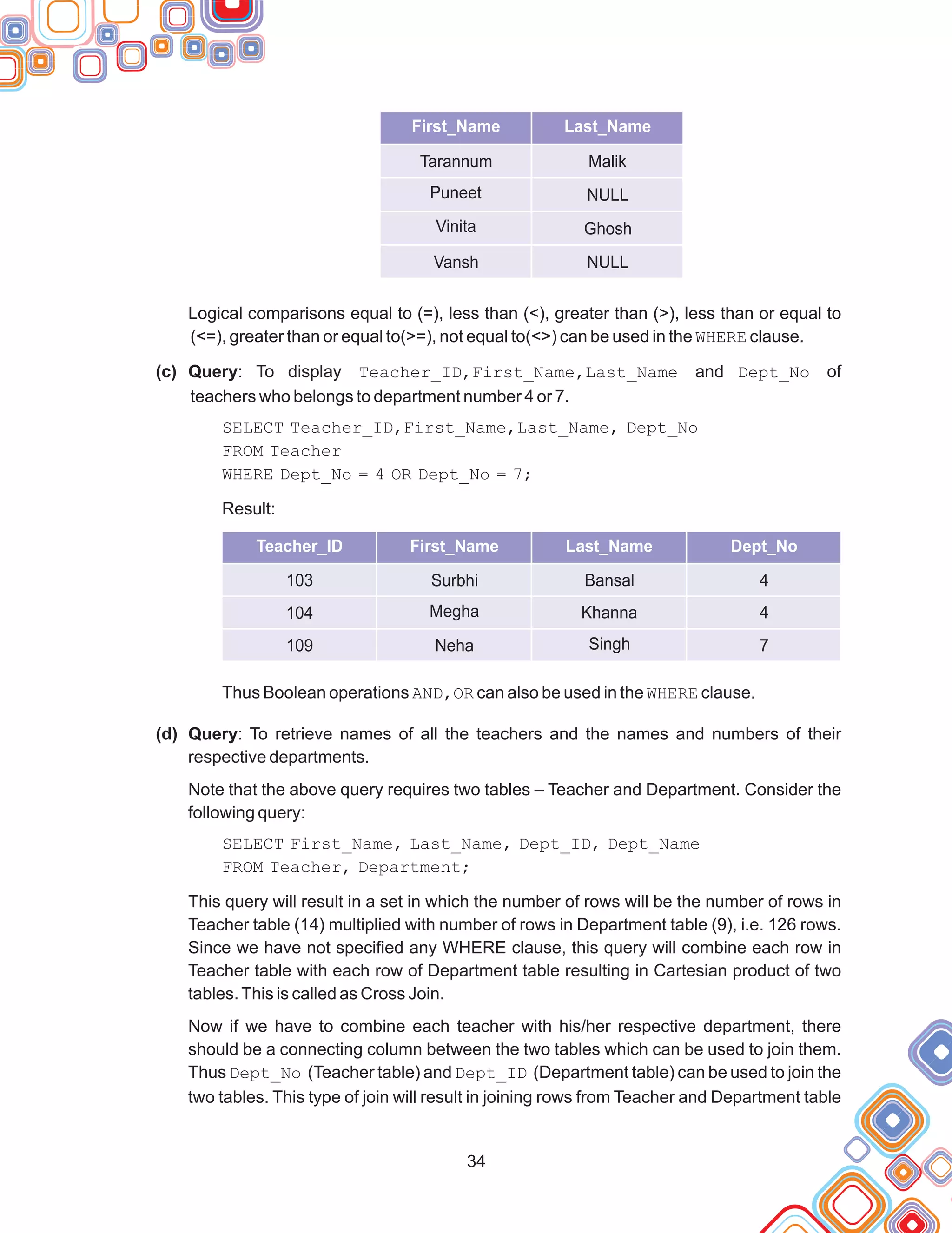 Logical comparisons equal to (=), less than (<), greater than (>), less than or equal to
(<=), greater than or equal to(>=), not equal to(<>) can be used in the WHERE clause.
(c) Query: To display Teacher_ID,First_Name,Last_Name and Dept_No of
teachers who belongs to department number 4 or 7.
SELECT Teacher_ID,First_Name,Last_Name, Dept_No
FROM Teacher
WHERE Dept_No = 4 OR Dept_No = 7;
Result:
Thus Boolean operations AND,OR can also be used in the WHERE clause.
(d) Query: To retrieve names of all the teachers and the names and numbers of their
respective departments.
Note that the above query requires two tables – Teacher and Department. Consider the
following query:
SELECT First_Name, Last_Name, Dept_ID, Dept_Name
FROM Teacher, Department;
This query will result in a set in which the number of rows will be the number of rows in
Teacher table (14) multiplied with number of rows in Department table (9), i.e. 126 rows.
Since we have not specified any WHERE clause, this query will combine each row in
Teacher table with each row of Department table resulting in Cartesian product of two
tables.This is called as Cross Join.
Now if we have to combine each teacher with his/her respective department, there
should be a connecting column between the two tables which can be used to join them.
Thus Dept_No (Teacher table) and Dept_ID (Department table) can be used to join the
two tables. This type of join will result in joining rows from Teacher and Department table
34
First_Name Dept_Name
Last_Name
Tarannum
Puneet
Vinita
Vansh
Malik
NULL
Ghosh
NULL
Teacher_ID First_Name Last_Name Dept_No
103
104
109
Surbhi
Megha
Neha
Bansal
Khanna
Singh
4
4
7
 
