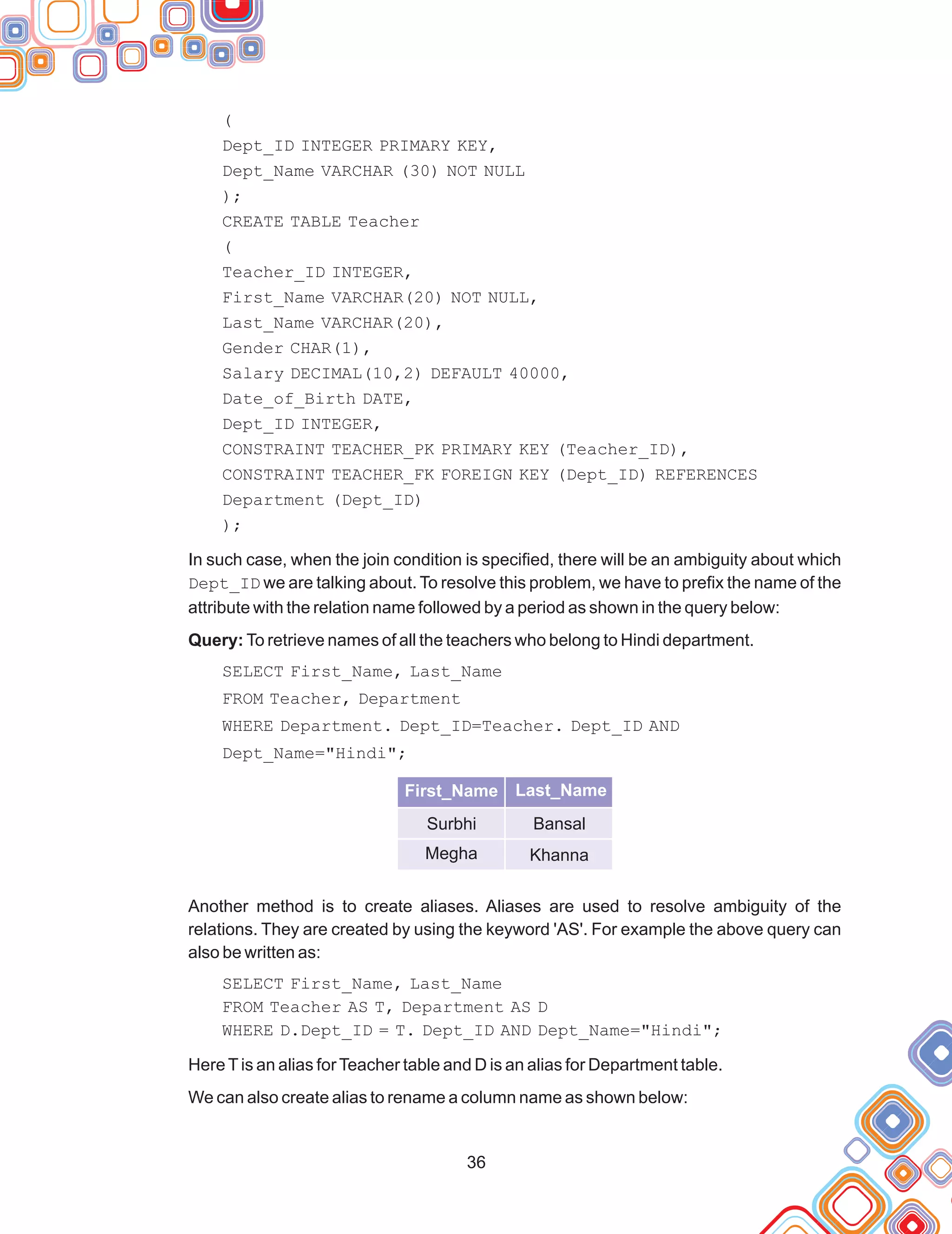 (
Dept_ID INTEGER PRIMARY KEY,
Dept_Name VARCHAR (30) NOT NULL
);
CREATE TABLE Teacher
(
Teacher_ID INTEGER,
First_Name VARCHAR(20) NOT NULL,
Last_Name VARCHAR(20),
Gender CHAR(1),
Salary DECIMAL(10,2) DEFAULT 40000,
Date_of_Birth DATE,
Dept_ID INTEGER,
CONSTRAINT TEACHER_PK PRIMARY KEY (Teacher_ID),
CONSTRAINT TEACHER_FK FOREIGN KEY (Dept_ID) REFERENCES
Department (Dept_ID)
);
In such case, when the join condition is specified, there will be an ambiguity about which
Dept_ID we are talking about. To resolve this problem, we have to prefix the name of the
attribute with the relation name followed by a period as shown in the query below:
Query: To retrieve names of all the teachers who belong to Hindi department.
SELECT First_Name, Last_Name
FROM Teacher, Department
WHERE Department. Dept_ID=Teacher. Dept_ID AND
Dept_Name="Hindi";
Another method is to create aliases. Aliases are used to resolve ambiguity of the
relations. They are created by using the keyword 'AS'. For example the above query can
also be written as:
SELECT First_Name, Last_Name
FROM Teacher AS T, Department AS D
WHERE D.Dept_ID = T. Dept_ID AND Dept_Name="Hindi";
HereTis an alias forTeacher table and D is an alias for Department table.
We can also create alias to rename a column name as shown below:
36
First_Name Last_Name
Surbhi
Megha
Bansal
Khanna
 