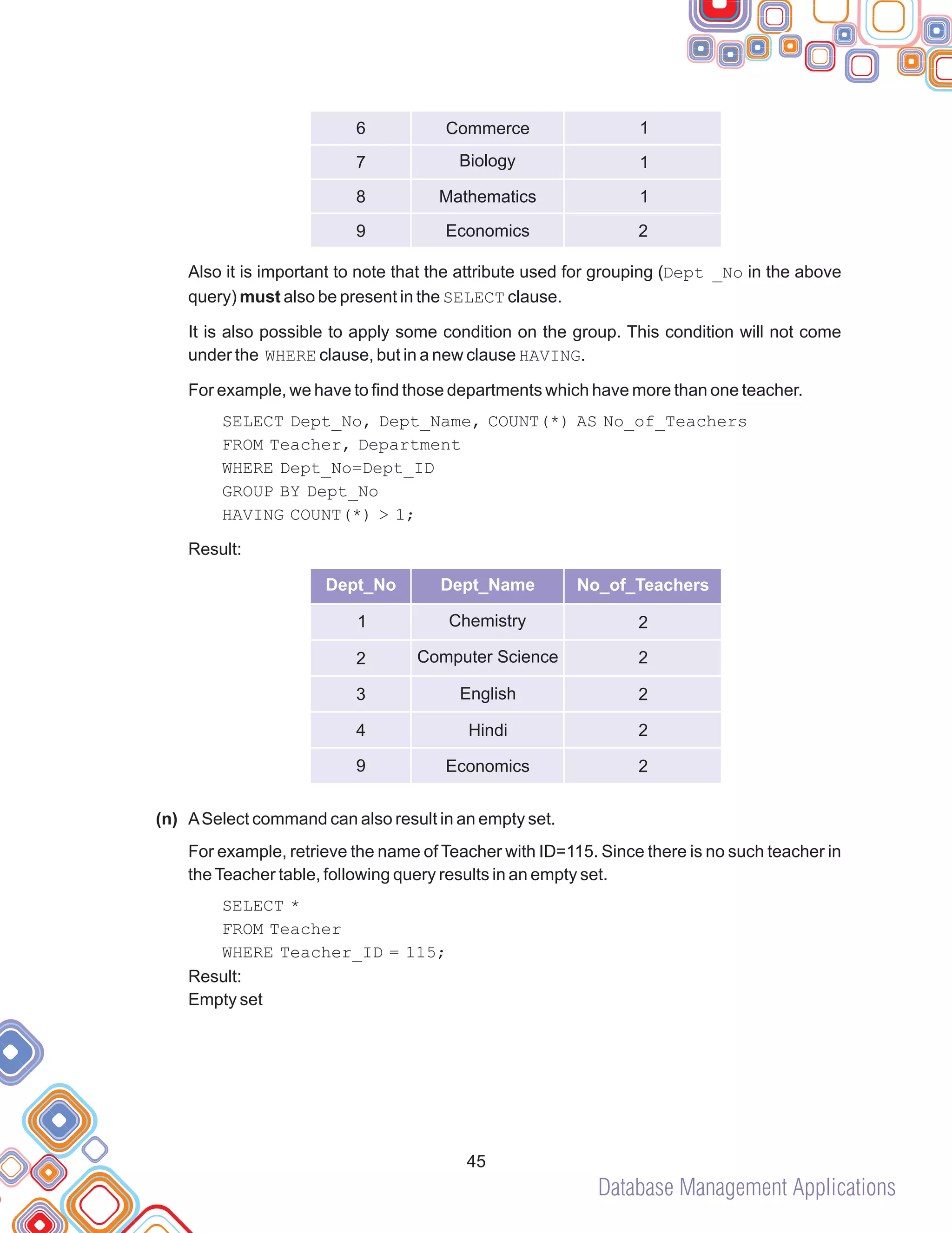 Database Management Applications
Also it is important to note that the attribute used for grouping (Dept _No in the above
query) must also be present in the SELECT clause.
It is also possible to apply some condition on the group. This condition will not come
under the WHERE clause, but in a new clause HAVING.
For example, we have to find those departments which have more than one teacher.
SELECT Dept_No, Dept_Name, COUNT(*) AS No_of_Teachers
FROM Teacher, Department
WHERE Dept_No=Dept_ID
GROUP BY Dept_No
HAVING COUNT(*) > 1;
Result:
ASelect command can also result in an empty set.
For example, retrieve the name of Teacher with ID=115. Since there is no such teacher in
theTeacher table, following query results in an empty set.
SELECT *
FROM Teacher
WHERE Teacher_ID = 115;
Result:
Empty set
(n)
45
6
7
8
9
Commerce
Biology
Mathematics
Economics
1
1
1
2
Dept_No Dept_Name No_of_Teachers
1 Chemistry 2
2
3
4
9
Computer Science
English
Hindi
Economics
2
2
2
2
 
