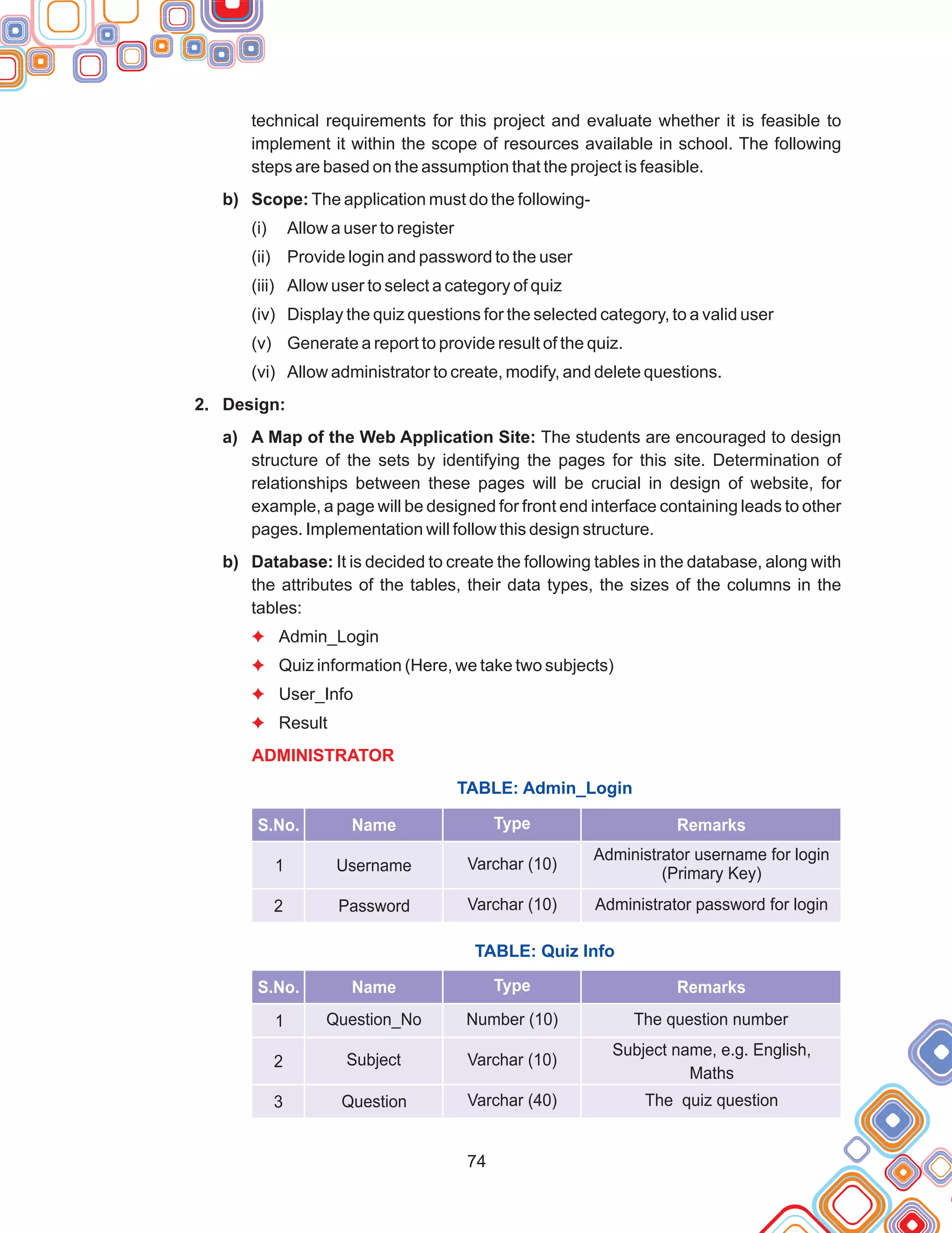74
technical requirements for this project and evaluate whether it is feasible to
implement it within the scope of resources available in school. The following
steps are based on the assumption that the project is feasible.
b) Scope: The application must do the following-
(i) Allow a user to register
(ii) Provide login and password to the user
(iii) Allow user to select a category of quiz
(iv) Display the quiz questions for the selected category, to a valid user
(v) Generate a report to provide result of the quiz.
(vi) Allow administrator to create, modify, and delete questions.
2. Design:
a) A Map of the Web Application Site: The students are encouraged to design
structure of the sets by identifying the pages for this site. Determination of
relationships between these pages will be crucial in design of website, for
example, a page will be designed for front end interface containing leads to other
pages. Implementation will follow this design structure.
b) Database: It is decided to create the following tables in the database, along with
the attributes of the tables, their data types, the sizes of the columns in the
tables:
Admin_Login
Quiz information (Here, we take two subjects)
User_Info
Result
F
F
F
F
ADMINISTRATOR
TABLE: Admin_Login
TABLE: Quiz Info
S.No. Name Type Remarks
1 Username
Password
Administrator username for login
(Primary Key)
Administrator password for login
Varchar (10)
Varchar (10)
2
S.No. Name Type Remarks
Number (10)
Question_No
Subject
2
The question number
Varchar (10)
Subject name, e.g. English,
Maths
1
3 The quiz question
Varchar (40)
Question
 