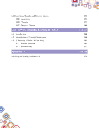 3.12 Assertions, Threads, and Wrapper Classes 136
3.12.1 Assertions 136
3.12.2 Threads 138
3.12.3 Wrapper Classes 141
4.1 Introduction 144
4.2 Identification of Potential Work Areas 144
4.3 A Shopping Website - A Case Study 146
4.3.1 Entities Involved 147
4.3.2 Functionality 150
Installing and Staring NetBeans IDE 158
Unit - 4: Work Integrated Learning IT - DMA 144-157
Appendix - A 158-164
 