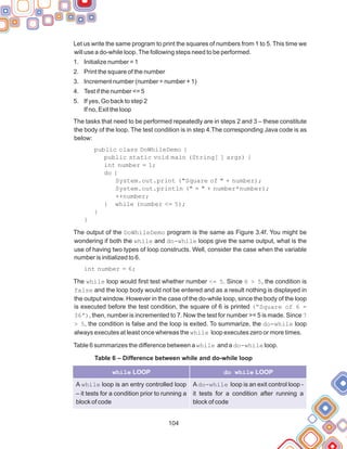 104
public class DoWhileDemo {
public static void main (String[ ] args) {
int number = 1;
do {
System.out.print ("Square of " + number);
System.out.println (" = " + number*number);
++number;
} while (number <= 5);
}
}
Let us write the same program to print the squares of numbers from 1 to 5. This time we
will use a do-while loop.The following steps need to be performed.
1. Initialize number = 1
2. Print the square of the number
3. Increment number (number = number + 1)
4. Test if the number <= 5
5. If yes, Go back to step 2
If no, Exit the loop
The tasks that need to be performed repeatedly are in steps 2 and 3 – these constitute
the body of the loop. The test condition is in step 4.The corresponding Java code is as
below:
The output of the DoWhileDemo program is the same as Figure 3.4f. You might be
wondering if both the while and do-while loops give the same output, what is the
use of having two types of loop constructs. Well, consider the case when the variable
number is initialized to 6.
int number = 6;
The while loop would first test whether number <= 5. Since 6 > 5, the condition is
false and the loop body would not be entered and as a result nothing is displayed in
the output window. However in the case of the do-while loop, since the body of the loop
is executed before the test condition, the square of 6 is printed (“Square of 6 =
36”), then, number is incremented to 7. Now the test for number >= 5 is made. Since 7
> 5, the condition is false and the loop is exited. To summarize, the do-while loop
always executes at least once whereas the while loop executes zero or more times.
Table 6 summarizes the difference between a while and a do-while loop.
Table 6 – Difference between while and do-while loop
while LOOP do while LOOP
A while loop is an entry controlled loop
– it tests for a condition prior to running a
block of code
Ado-while loop is an exit control loop -
it tests for a condition after running a
block of code
 