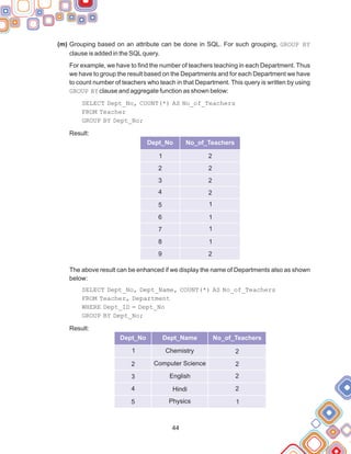 (m) Grouping based on an attribute can be done in SQL. For such grouping, GROUP BY
clause is added in the SQLquery.
For example, we have to find the number of teachers teaching in each Department. Thus
we have to group the result based on the Departments and for each Department we have
to count number of teachers who teach in that Department. This query is written by using
GROUP BY clause and aggregate function as shown below:
SELECT Dept_No, COUNT(*) AS No_of_Teachers
FROM Teacher
GROUP BY Dept_No;
Result:
The above result can be enhanced if we display the name of Departments also as shown
below:
SELECT Dept_No, Dept_Name, COUNT(*) AS No_of_Teachers
FROM Teacher, Department
WHERE Dept_ID = Dept_No
GROUP BY Dept_No;
Result:
44
8
9
1
2
Dept_No No_of_Teachers
1
2
3
4
5
6
7
2
2
2
2
1
1
1
Dept_No Dept_Name No_of_Teachers
1
2
3
4
5
Chemistry
Computer Science
English
Hindi
Physics
2
2
2
2
1
 