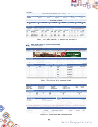 Database Management Applications
55
Figure 2.2(g): Ticket availability for selected train and category
Figure 2.2(h): Form to fill the passenger details
Figure 2.2(i): Ticket details with passenger details
 