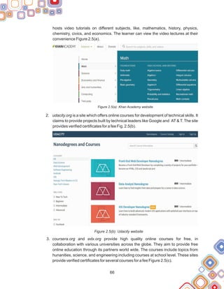 66
hosts video tutorials on different subjects, like, mathematics, history, physics,
chemistry, civics, and economics. The learner can view the video lectures at their
convenience Figure 2.5(a).
Figure 2.5(a): Khan Academy website
2. udacity.org is a site which offers online courses for development of technical skills. It
claims to provide projects built by technical leaders like Google and AT & T. The site
provides verified certificates for a fee Fig. 2.5(b).
Figure 2.5(b): Udacity website
3. coursera.org and edx.org provide high quality online courses for free, in
collaboration with various universities across the globe. They aim to provide free
online education through its partners world wide. The courses include topics from
hunanities, science, and engineering including courses at school level. These sites
provide verified certificates for several courses for a fee Figure 2.5(c).
 
