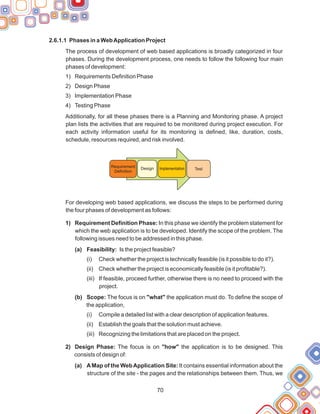 70
2.6.1.1 Phases in a WebApplication Project
The process of development of web based applications is broadly categorized in four
phases. During the development process, one needs to follow the following four main
phases of development:
1) Requirements Definition Phase
2) Design Phase
3) Implementation Phase
4) Testing Phase
Additionally, for all these phases there is a Planning and Monitoring phase. A project
plan lists the activities that are required to be monitored during project execution. For
each activity information useful for its monitoring is defined, like, duration, costs,
schedule, resources required, and risk involved.
For developing web based applications, we discuss the steps to be performed during
the four phases of development as follows:
1) Requirement Definition Phase: In this phase we identify the problem statement for
which the web application is to be developed. Identify the scope of the problem. The
following issues need to be addressed in this phase.
(a) Feasibility: Is the project feasible?
(i) Check whether the project is technically feasible (is it possible to do it?).
(ii) Check whether the project is economically feasible (is it profitable?).
(iii) If feasible, proceed further, otherwise there is no need to proceed with the
project.
(b) Scope: The focus is on "what" the application must do. To define the scope of
the application,
(i) Compile a detailed list with a clear description of application features.
(ii) Establish the goals that the solution must achieve.
(iii) Recognizing the limitations that are placed on the project.
2) Design Phase: The focus is on "how" the application is to be designed. This
consists of design of:
(a) AMap of the WebApplication Site: It contains essential information about the
structure of the site - the pages and the relationships between them. Thus, we
Requirement
Definition
Design Implementation Test
 