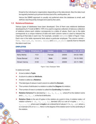 Database Management Applications
threat to the individual or organization depending on the data stored. Also the data must
be regularly backed up to prevent its loss due to fire, earthquakes, etc.
Hence the DBMS approach is usually not preferred when the database is small, well
defined, less frequently changed and used by few users.
Various types of databases have been developed. One of them was relational database
developed by E.F Codd at IBM in 1970. It is used to organize collection of data as a collection
of relations where each relation corresponds to a table of values. Each row in the table
corresponds to a unique instance of data and each column name is used to interpret the
meaning of that data in each row. For example, consider EMPLOYEE table in Figure 1.5(a).
Each row in this table represents facts about a particular employee. The column names –
Name, Employee_ID, Gender, Salary and Date_of_Birth specify how to interpret
the data in each row.
Figure 1.5(a): Employee Table
In relational model,
Arow is called a Tuple.
Acolumn is called an Attribute.
Atable is called as a Relation.
The data type of values in each column is called the Domain.
The number of attributes in a relation is called the Degree of a relation.
The number of rows in a relation is called the Cardinality of a relation.
Relation Schema R is denoted by R (A , A , A …, A ) where R is the relation name
1 2 3, n
and A , A , A ,….A is the list of attributes.
1 2 3 n
Relation State is the set of tuples in the relation at a point in time. A relation state r of
relation schema R (A , A , ..., A ), denoted r(R) is a set of n-tuples r = {t ,
1 2 n 1
t ,...., t }, where each n-tuple is an ordered list of values t = <v , v , ...,v >, where v
2 m 1 2 n i
is in domain of A or is NULL. Here n is the degree of the relation and m is the cardinality of
i
the relation.
1.5 Relational Database
F
F
F
F
F
F
F
F
EMPLOYEE
Name Employee_ID Gender Salary Date_of_Birth
Neha Mehta 1121 Female 20000 04-03-1990
23-11-1992
Himani Verma 3145 Female 20000
Paras Bansal 2134 Male 25000 19-10-1993
5
 