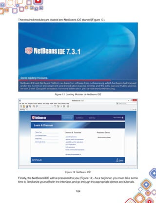 164
The required modules are loaded and NetBeans IDE started (Figure 13).
Figure 13: Loading Modules of NetBeans IDE
Figure 14: NetBeans IDE
Finally, the NetBeansIDE will be presented to you (Figure 14). As a beginner, you must take some
time to familiarize yourself with the interface, and go through the appropriate demos and tutorials.
 