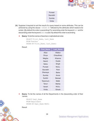 Database Management Applications
(h) Suppose it required to sort the result of a query based on some attributes. This can be
achieved by using the clause – ORDER BY followed by the attributes which needs to be
sorted. (By default the order is ascending) For ascending order the keyword ASC and for
descending order the keyword DESC is used. By default the order is ascending.
Query:To list the names of teachers in alphabetical order.
SELECT First_Name, Last_Name
FROM Teacher
ORDER BY First_Name, Last_Name;
Result:
Query: To list the names of all the Departments in the descending order of their
names.
SELECT Dept_Name
FROM Department
ORDER BY Dept_Name DESC;
Result:
F
F
39
Puneet
Saurabh
Sumita
Vinita
First_Name Last_Name
Alice
Divya
Megha
Namit
Neha
Walton
Chaudhary
Khanna
Gupta
Singh
Puneet
Saurabh
Shanaya
Sumita
Surbhi
Tarannum
Tarun
Vansh
Vinita
NULL
Pant
Batra
Arora
Bansal
Malik
Mehta
NULL
Ghosh
 