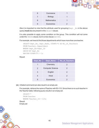 Database Management Applications
Also it is important to note that the attribute used for grouping (Dept _No in the above
query) must also be present in the SELECT clause.
It is also possible to apply some condition on the group. This condition will not come
under the WHERE clause, but in a new clause HAVING.
For example, we have to find those departments which have more than one teacher.
SELECT Dept_No, Dept_Name, COUNT(*) AS No_of_Teachers
FROM Teacher, Department
WHERE Dept_No=Dept_ID
GROUP BY Dept_No
HAVING COUNT(*) > 1;
Result:
ASelect command can also result in an empty set.
For example, retrieve the name of Teacher with ID=115. Since there is no such teacher in
theTeacher table, following query results in an empty set.
SELECT *
FROM Teacher
WHERE Teacher_ID = 115;
Result:
Empty set
(n)
45
6
7
8
9
Commerce
Biology
Mathematics
Economics
1
1
1
2
Dept_No Dept_Name No_of_Teachers
1 Chemistry 2
2
3
4
9
Computer Science
English
Hindi
Economics
2
2
2
2
 