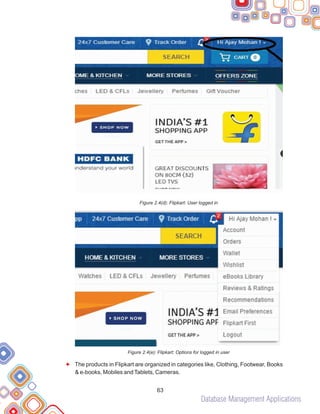 Database Management Applications
63
Figure 2.4(d): Flipkart: User logged in
Figure 2.4(e): Flipkart: Options for logged in user
The products in Flipkart are organized in categories like, Clothing, Footwear, Books
& e-books, Mobiles andTablets, Cameras.
F
 