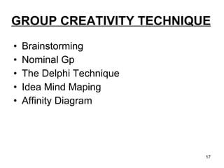 GROUP CREATIVITY TECHNIQUE Brainstorming  Nominal Gp The Delphi Technique Idea Mind Maping Affinity Diagram 