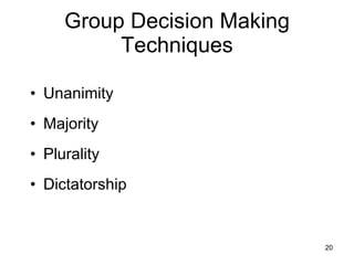 Group Decision Making Techniques Unanimity Majority Plurality Dictatorship 