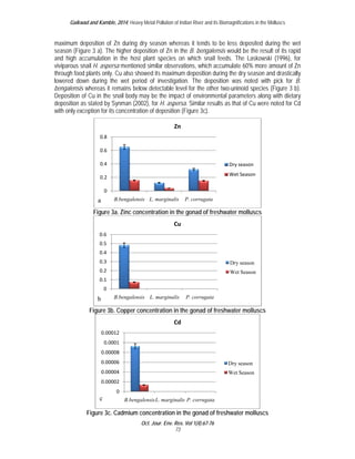 Gaik 
kwad and Kamb 
maximum 
season (F 
and high 
viviparous 
through fo 
lowered d 
bengalens 
Deposition 
deposition 
with only e 
ble, 2014; Heav 
deposition o 
Figure 3 a). T 
accumulation 
s snail H. asp 
ood plants onl 
down during 
sis whereas it 
n of Cu in the 
n as stated by 
exception for 
vy Metal Pollutio 
of Zn during d 
he higher dep 
n in the host 
ersa mentione 
ly. Cu also sh 
the wet per 
t remains bel 
e snail body m 
y Synman (20 
its concentrat 
0.8 
0.6 
0.4 
0.2 
0 
a 
Figure 
0.6 
0.5 
0.4 
0.3 
0.2 
0.1 
0 
b 
n of Indian Rive 
dry season w 
position of Zn 
t plant specie 
ed similar obs 
howed its max 
riod of invest 
ow detectable 
may be the im 
002), for H. as 
tion of deposi 
B.bengalens 
r and its Biomag 
whereas it ten 
n in the B. be 
es on which 
servations, wh 
ximum deposi 
tigation. The 
e level for the 
mpact of envi 
spersa. Simila 
tion (Figure 3 
sis L. margina 
e 3a. Zinc con 
Figure 3 
Zn 
gnifications in the 
nds to be les 
ngalensis wo 
snail feeds. 
hich accumul 
tion during th 
deposition w 
e other two-u 
ironmental pa 
ar results as t 
3c). 
alis P. corru 
ncentration i 
B.bengalens 
ugata 
n the gonad 
sis L. margin 
Cu 
e Molluscs 
ss deposited 
ould be the re 
The Laskow 
ate 60% more 
e dry season 
was noted w 
uninoid specie 
arameters alo 
hat of Cu wer 
ry season 
Wet Season 
of freshwate 
nalis P. corru 
oncentration 
3b. Copper c 
0.00 
0012 
0.0 
0001 
0.00 
0008 
0.00 
0006 
0.00 
0004 
0.00 
c 
0002 
Figure 3c 
0 
B.benga 
n in the gona 
alensisL. marg 
c. Cadmium c 
Cd 
during the w 
sult of its rap 
wski (1996), f 
e amount of Z 
and drastical 
with pick for B 
es (Figure 3 b 
ong with dieta 
re noted for C 
er molluscs 
Dry season 
Wet Season 
d of freshwa 
ginalis P. corru 
concentratio 
on in the gon 
Oct. Jour. Env 
ater molluscs 
ry season 
et Season 
ad of freshw 
v. Res. Vol 1(4): 
73 
67-76 
Dr 
W 
ugata 
D 
W 
ugata 
Dr 
W 
s 
water mollusc 
cs 
wet 
pid 
for 
Zn 
lly 
B. 
b). 
ry 
Cd 
 