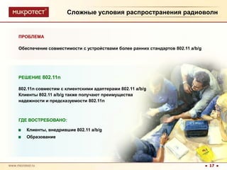Сложные условия распространения радиоволнПРОБЛЕМАОбеспечение совместимости с устройствами более ранних стандартов 802.11 a/b/gРЕШЕНИЕ 802.11n802.11n совместим с клиентскими адаптерами 802.11 a/b/g Клиенты 802.11 a/b/g также получают преимущества надежности и предсказуемости 802.11nГДЕ ВОСТРЕБОВАНО:Клиенты, внедрившие 802.11 a/b/gОбразование 17