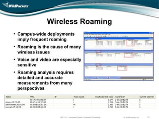 Wireless Roaming
• Campus-wide deployments
 imply frequent roaming
• Roaming is the cause of many
 wireless issues
• Voice and video are especially
 sensitive
• Roaming analysis requires
 detailed and accurate
 measurements from many
 perspectives




                      802.11n – Increased Speed, Increased Complexity   © WildPackets, Inc.   33
 