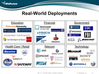 Real-World Deployments
    Education                      Financial                             Government




Health Care / Retail               Telecom                               Technology




                       802.11n – Increased Speed, Increased Complexity    © WildPackets, Inc.   37
 