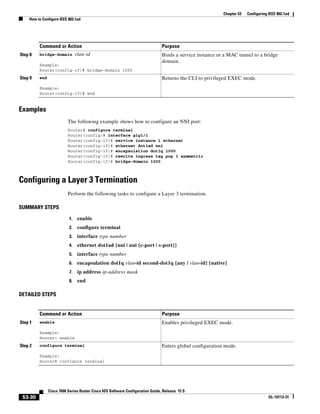 53-30
Cisco 7600 Series Router Cisco IOS Software Configuration Guide, Release 15 S
OL-10113-31
Chapter 53 Configuring IEEE 802.1ad
How to Configure IEEE 802.1ad
Examples
The following example shows how to configure an NNI port:
Router# configure terminal
Router(config)# interface gig1/1
Router(config-if)# service instance 1 ethernet
Router(config-if)# ethernet dot1ad nni
Router(config-if)# encapsulation dot1q 1000
Router(config-if)# rewrite ingress tag pop 1 symmetric
Router(config-if)# bridge-domain 1000
Configuring a Layer 3 Termination
Perform the following tasks to configure a Layer 3 termination.
SUMMARY STEPS
1. enable
2. configure terminal
3. interface type number
4. ethernet dot1ad {nni | uni {c-port | s-port}}
5. interface type number
6. encapsulation dot1q vlan-id second-dot1q {any | vlan-id} [native]
7. ip address ip-address mask
8. end
DETAILED STEPS
Step 8 bridge-domain vlan-id
Example:
Router(config-if)# bridge-domain 1000
Binds a service instance or a MAC tunnel to a bridge
domain.
Step 9 end
Example:
Router(config-if)# end
Returns the CLI to privileged EXEC mode.
Command or Action Purpose
Command or Action Purpose
Step 1 enable
Example:
Router> enable
Enables privileged EXEC mode.
Step 2 configure terminal
Example:
Router# configure terminal
Enters global configuration mode.
 