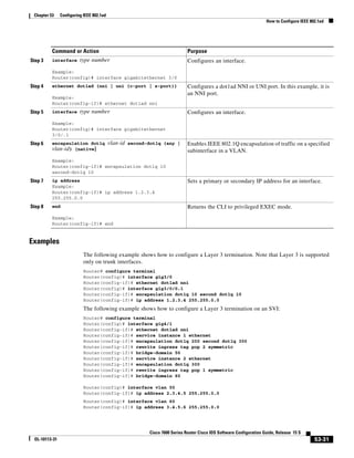 53-31
Cisco 7600 Series Router Cisco IOS Software Configuration Guide, Release 15 S
OL-10113-31
Chapter 53 Configuring IEEE 802.1ad
How to Configure IEEE 802.1ad
Examples
The following example shows how to configure a Layer 3 termination. Note that Layer 3 is supported
only on trunk interfaces.
Router# configure terminal
Router(config)# interface gig3/0
Router(config-if)# ethernet dot1ad nni
Router(config)# interface gig3/0/0.1
Router(config-if)# encapsulation dot1q 10 second dot1q 10
Router(config-if)# ip address 1.2.3.4 255.255.0.0
The following example shows how to configure a Layer 3 termination on an SVI:
Router# configure terminal
Router(config)# interface gig4/1
Router(config-if)# ethernet dot1ad nni
Router(config-if)# service instance 1 ethernet
Router(config-if)# encapsulation dot1q 200 second dot1q 300
Router(config-if)# rewrite ingress tag pop 2 symmetric
Router(config-if)# bridge-domain 50
Router(config-if)# service instance 2 ethernet
Router(config-if)# encapsulation dot1q 300
Router(config-if)# rewrite ingress tag pop 1 symmetric
Router(config-if)# bridge-domain 60
Router(config)# interface vlan 50
Router(config-if)# ip address 2.3.4.5 255.255.0.0
Router(config)# interface vlan 60
Router(config-if)# ip address 3.4.5.6 255.255.0.0
Step 3 interface type number
Example:
Router(config)# interface gigabitethernet 3/0
Configures an interface.
Step 4 ethernet dot1ad {nni | uni {c-port | s-port}}
Example:
Router(config-if)# ethernet dot1ad nni
Configures a dot1ad NNI or UNI port. In this example, it is
an NNI port.
Step 5 interface type number
Example:
Router(config)# interface gigabitethernet
3/0/.1
Configures an interface.
Step 6 encapsulation dot1q vlan-id second-dot1q {any |
vlan-id} [native]
Example:
Router(config-if)# encapsulation dot1q 10
second-dot1q 10
Enables IEEE 802.1Q encapsulation of traffic on a specified
subinterface in a VLAN.
Step 7 ip address
Example:
Router(config-if)# ip address 1.2.3.4
255.255.0.0
Sets a primary or secondary IP address for an interface.
Step 8 end
Example:
Router(config-if)# end
Returns the CLI to privileged EXEC mode.
Command or Action Purpose
 
