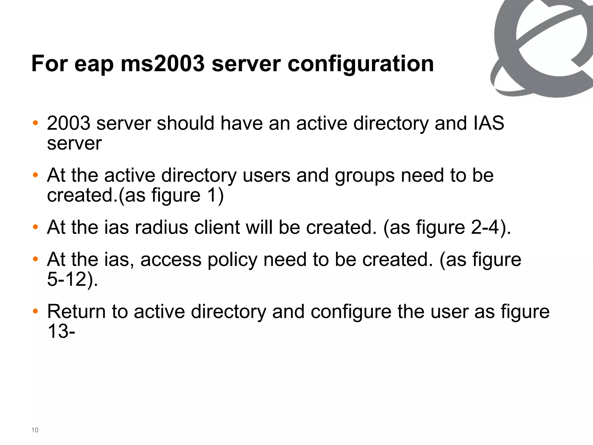 For eap ms2003 server configuration 2003 server should have an active directory and IAS server At the active directory users and groups need to be created. (as figure 1) At the ias radius client will be created.   (as figure 2-4). At the ias, access policy need to be created.   (as figure 5-12). Return to active directory and configure the user as figure 13- 