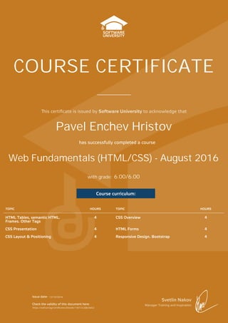 is certiﬁcate is issued by Software University to acknowledge that
Svetlin Nakov
Manager Training and Inspiration
Issue date:
Check the validity of this document here:
has successfully completed a course
with grade:
COURSE CERTIFICATE
Course curriculum:
TOPIC HOURS TOPIC HOURS
HTML Tables, semantic HTML.
Frames. Other Tags
4 CSS Overview 4
CSS Presentation 4 HTML Forms 4
CSS Layout & Positioning 4 Responsive Design. Bootstrap 4
Web Fundamentals (HTML/CSS) - August 2016
Pavel Enchev Hristov
13/10/2016
https://softuni.bg/Certificates/Details/14013/2dbc5653
6.00/6.00
 