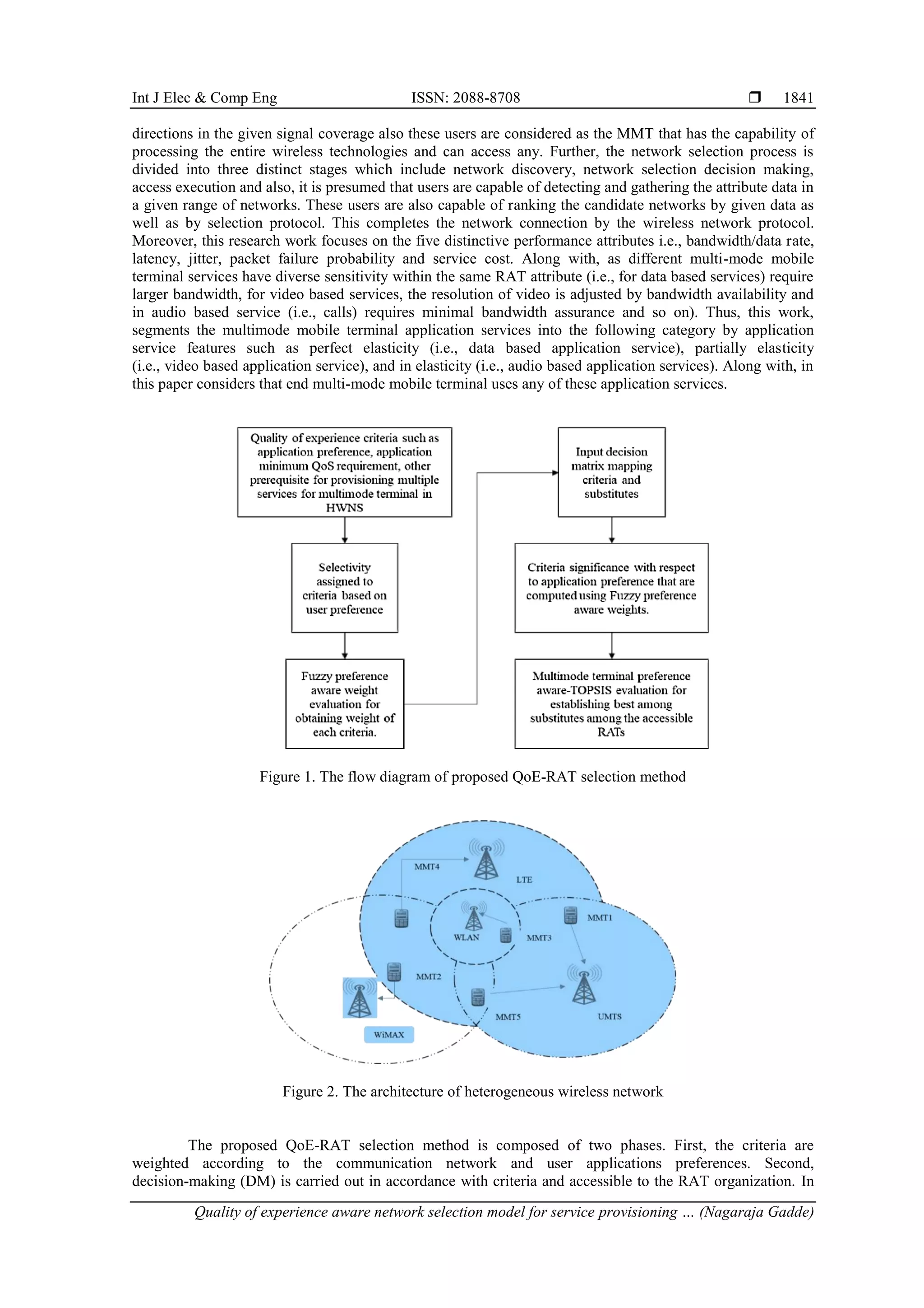 Int J Elec & Comp Eng ISSN: 2088-8708 
Quality of experience aware network selection model for service provisioning … (Nagaraja Gadde)
1841
directions in the given signal coverage also these users are considered as the MMT that has the capability of
processing the entire wireless technologies and can access any. Further, the network selection process is
divided into three distinct stages which include network discovery, network selection decision making,
access execution and also, it is presumed that users are capable of detecting and gathering the attribute data in
a given range of networks. These users are also capable of ranking the candidate networks by given data as
well as by selection protocol. This completes the network connection by the wireless network protocol.
Moreover, this research work focuses on the five distinctive performance attributes i.e., bandwidth/data rate,
latency, jitter, packet failure probability and service cost. Along with, as different multi-mode mobile
terminal services have diverse sensitivity within the same RAT attribute (i.e., for data based services) require
larger bandwidth, for video based services, the resolution of video is adjusted by bandwidth availability and
in audio based service (i.e., calls) requires minimal bandwidth assurance and so on). Thus, this work,
segments the multimode mobile terminal application services into the following category by application
service features such as perfect elasticity (i.e., data based application service), partially elasticity
(i.e., video based application service), and in elasticity (i.e., audio based application services). Along with, in
this paper considers that end multi-mode mobile terminal uses any of these application services.
Figure 1. The flow diagram of proposed QoE-RAT selection method
Figure 2. The architecture of heterogeneous wireless network
The proposed QoE-RAT selection method is composed of two phases. First, the criteria are
weighted according to the communication network and user applications preferences. Second,
decision-making (DM) is carried out in accordance with criteria and accessible to the RAT organization. In
 