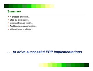 ©
Copyright
IBM
Corporation
2005
Summary
 A process-oriented...
 Step-by-step guide...
 Linking strategic vision...
 And business opportunities…
 with software enablers...
. . . to drive successful ERP implementations
 