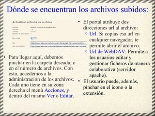 Dónde se encuentran los archivos subidos: Para llegar aquí, debemos pinchar en la carpeta deseada, o en el número de archivos. Con esto, accedemos a la administración de los archivos. Cada uno tiene en su zona derecha el menú  Acciones , y dentro del mismo  Ver  o  Editar .  El portal atribuye dos direcciones url al archivo: Url : Si copias esa url en cualquier navegador, te permite abrir el archivo. Url de WebDAV :  Permite a los usuarios editar y gestionar ficheros de manera colaborativa (servidor apache). El usuario puede, además, pinchar en el icono o la extensión. 