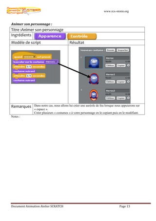 www.rcx-storm.org



Animer son personnage :
Titre :Animer son personnage
Ingrédients
Modèle de script                           Résultat




Remarques      Dans notre cas, nous allons lui créer une auréole de feu lorsque nous appuierons sur
               « espace ».
               Créer plusieurs « costumes » à votre personnage en le copiant puis en le modifiant.
Notes :




Document Animation Atelier SCRATCH                                                Page 13
 