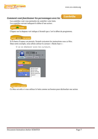 www.rcx-storm.org




Comment vont fonctionner les personnages avec les
   Les contrôles vont vous permettre de contrôler votre lutin.
   Les contrôles suivant indiquent le début d’une action :



   Cliquez sur le drapeau vert indique à Scratch que c’est le début du programme.




   Si la barre d’espace est pressée, Scratch exécutera les instructions sous ce bloc.
   Dans notre exemple, nous allons utiliser le curseur « flèche haut » :
          Il va se déplacer avec les curseurs.




   Ce bloc est utile si vous utilisez le lutin comme un bouton pour déclencher une action.




Document Animation Atelier SCRATCH                                                      Page 7
 