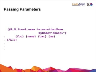 Passing Parameters
{#A.B foo=A.name bar=anotherName
myName="shashi"}
{foo} {name} {bar} {me}
{/A.B}
 