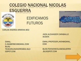 COLEGIO NACIONAL NICOLAS
ESGUERRA
EDIFICAMOS
FUTUROS
CARLOS ANDRES ARMONA 802
EMAIL:
C.ASABER802@GMAIL.COM
BLOG:
TICACARLOSANDRES802.BLO
GSPOT.COM
JHON ALEXANDER CARABALLO
ACOSTA
EMAIL:PROFESOR.JHON@GMAIL.
COM
BLOG:TEKNONICOLASESGUERRA
.BLOGSPOT.COM
 