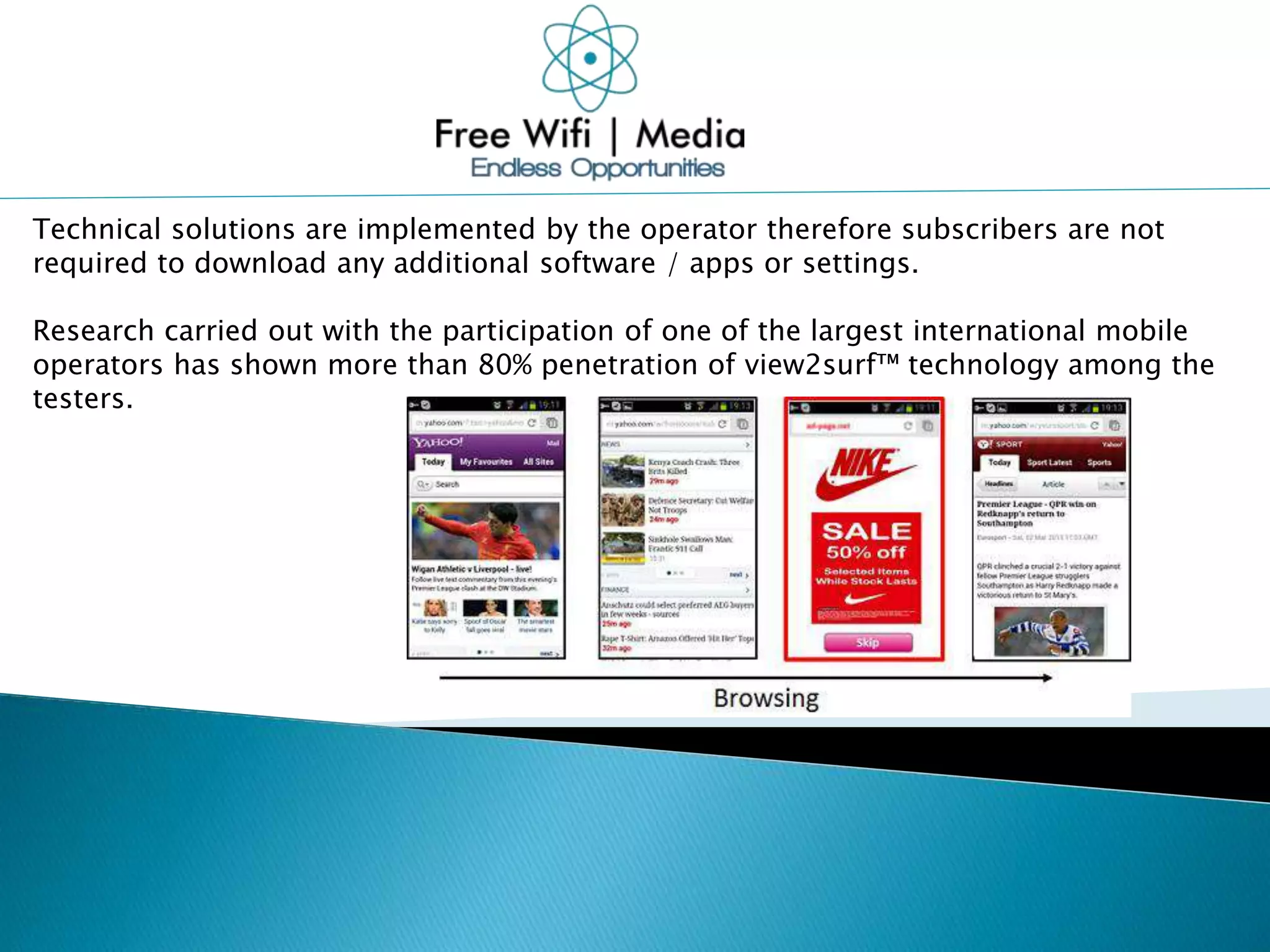 Technical solutions are implemented by the operator therefore subscribers are not
required to download any additional software / apps or settings.
Research carried out with the participation of one of the largest international mobile
operators has shown more than 80% penetration of view2surf™ technology among the
testers.
 