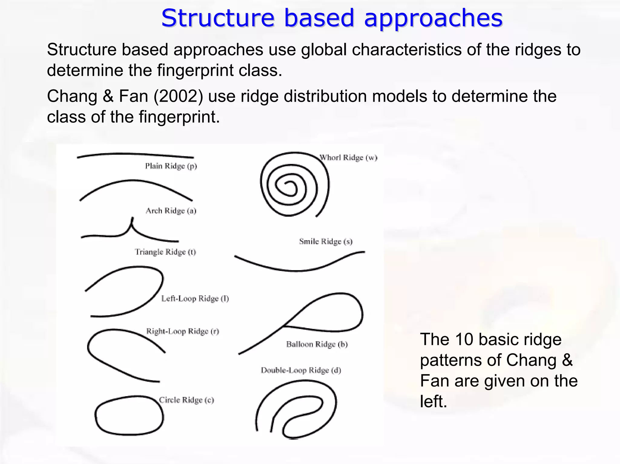 Structure based approaches 
Structure based approaches use global characteristics of the ridges to determine the fingerprint class. 
Chang & Fan (2002) use ridge distribution models to determine the class of the fingerprint. 
The 10 basic ridge patterns of Chang & Fan are given on the left.  