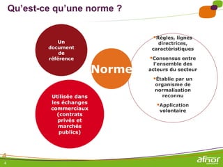 4
4
Un
document
de
référence
Qu’est-ce qu’une norme ?
Règles, lignes
directrices,
caractéristiques
Consensus entre
l’ensemble des
acteurs du secteur
Établie par un
organisme de
normalisation
reconnu
Application
volontaire
Norme
Utilisée dans
les échanges
commerciaux
(contrats
privés et
marchés
publics)
 