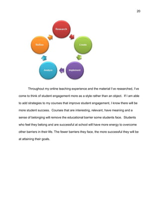 20
Throughout my online teaching experience and the material I’ve researched, I’ve
come to think of student engagement more as a style rather than an object. If I am able
to add strategies to my courses that improve student engagement, I know there will be
more student success. Courses that are interesting, relevant, have meaning and a
sense of belonging will remove the educational barrier some students face. Students
who feel they belong and are successful at school will have more energy to overcome
other barriers in their life. The fewer barriers they face, the more successful they will be
at attaining their goals.
 